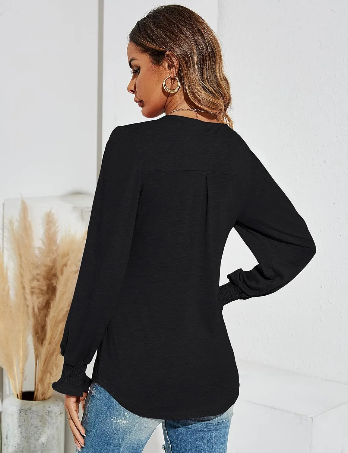 Romanstii Women's Casual V-Neck T-Shirts Loose Puff Long Sleeve Tops Tunic Blouses