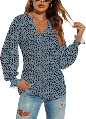 Romanstii Women's Casual V-Neck T-Shirts Loose Puff Long Sleeve Tops Tunic Blouses