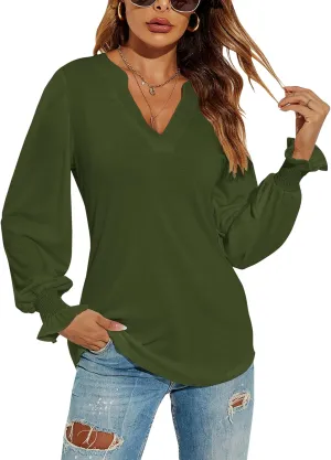 Romanstii Women's Casual V-Neck T-Shirts Loose Puff Long Sleeve Tops Tunic Blouses