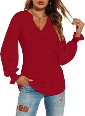 Romanstii Women's Casual V-Neck T-Shirts Loose Puff Long Sleeve Tops Tunic Blouses