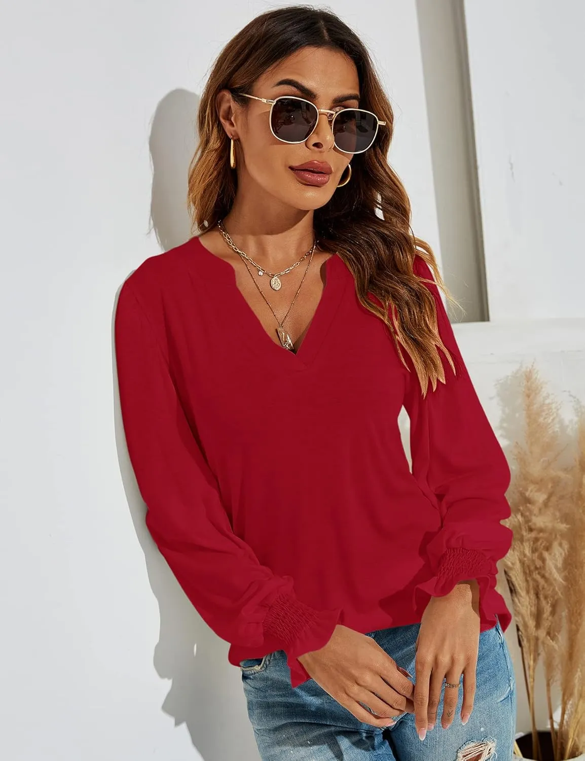 Romanstii Women's Casual V-Neck T-Shirts Loose Puff Long Sleeve Tops Tunic Blouses