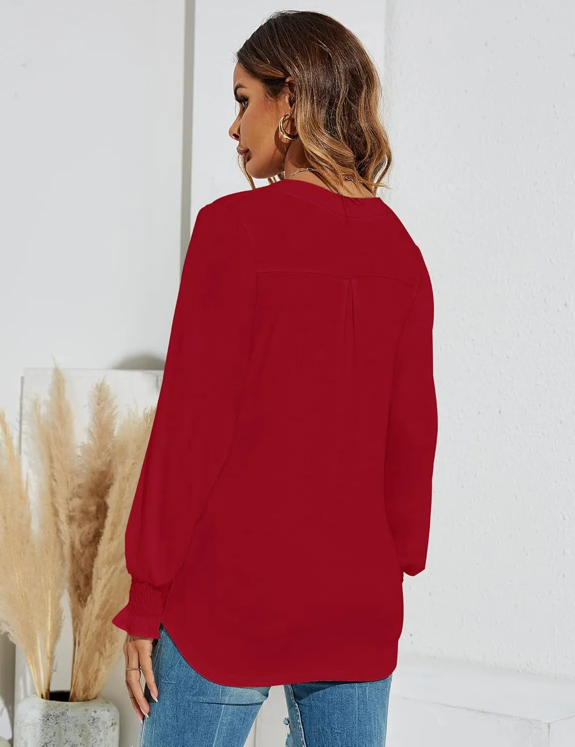 Romanstii Women's Casual V-Neck T-Shirts Loose Puff Long Sleeve Tops Tunic Blouses