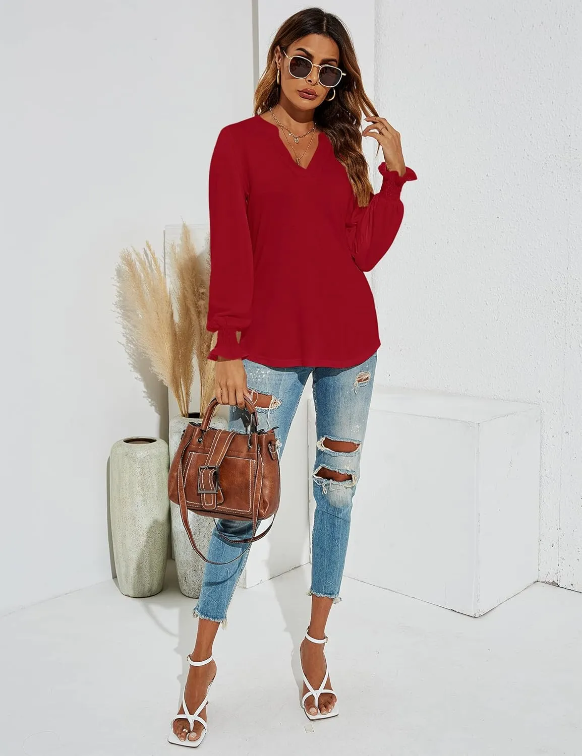 Romanstii Women's Casual V-Neck T-Shirts Loose Puff Long Sleeve Tops Tunic Blouses