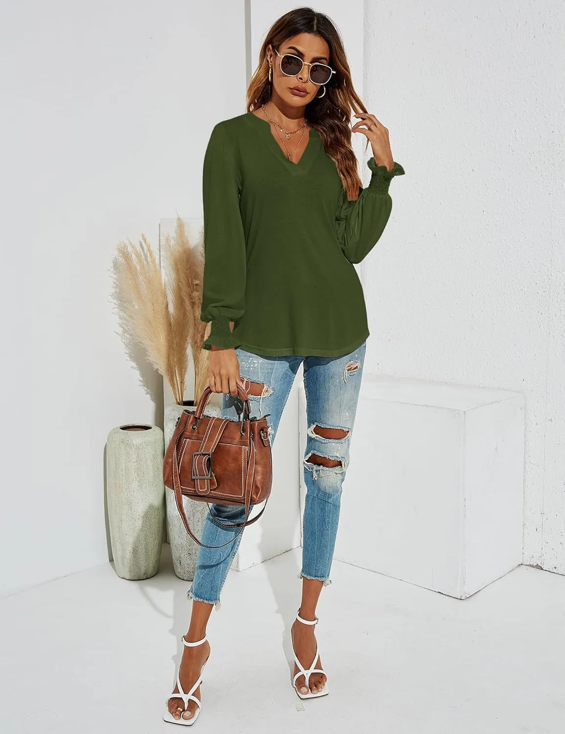 Romanstii Women's Casual V-Neck T-Shirts Loose Puff Long Sleeve Tops Tunic Blouses