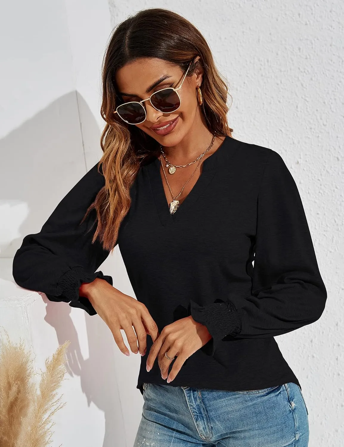Romanstii Women's Casual V-Neck T-Shirts Loose Puff Long Sleeve Tops Tunic Blouses