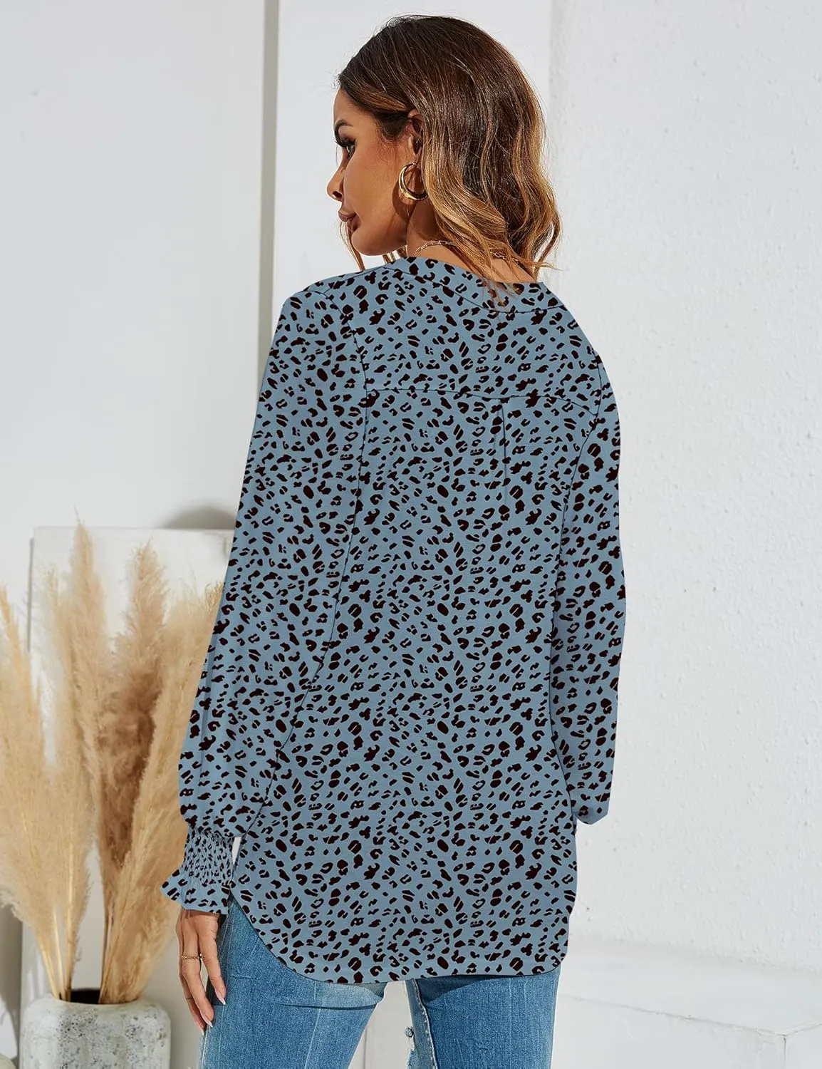 Romanstii Women's Casual V-Neck T-Shirts Loose Puff Long Sleeve Tops Tunic Blouses