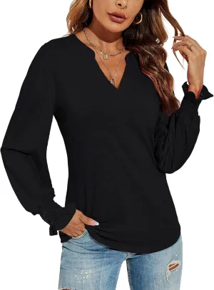 Romanstii Women's Casual V-Neck T-Shirts Loose Puff Long Sleeve Tops Tunic Blouses