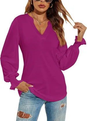 Romanstii Women's Casual V-Neck T-Shirts Loose Puff Long Sleeve Tops Tunic Blouses