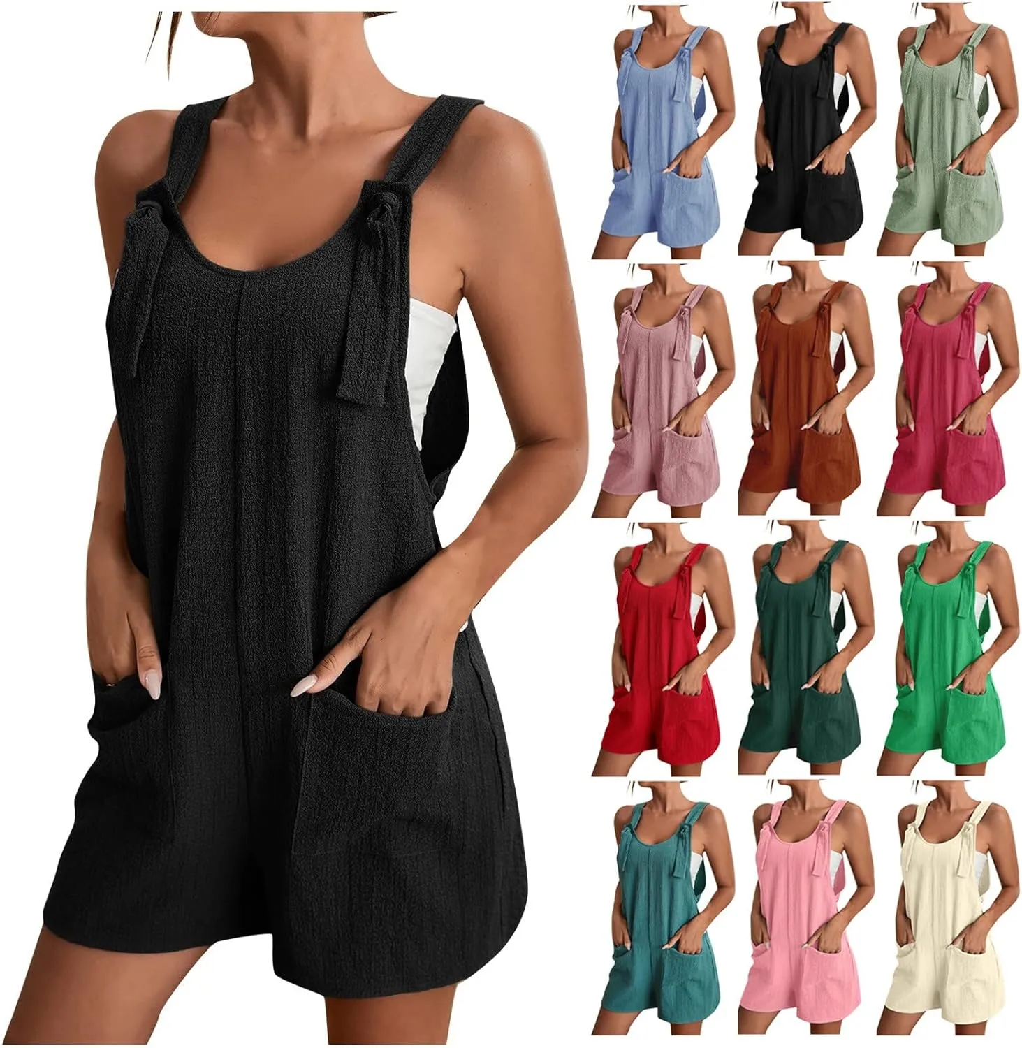 Rompers for Women 2025 Casual Sleeveless Strap Loose Adjustable Jumpsuits Summer Comfy Short Overalls With Pockets