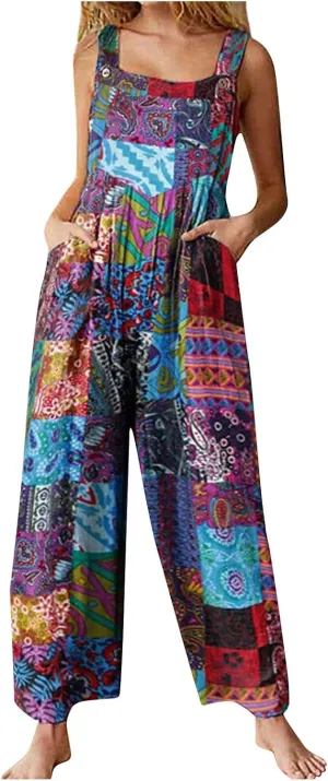 Rompers for Women 2025 Summer Floral Print Boho Overalls Loose fit Wide Leg Long Jumpsuits with Pockets