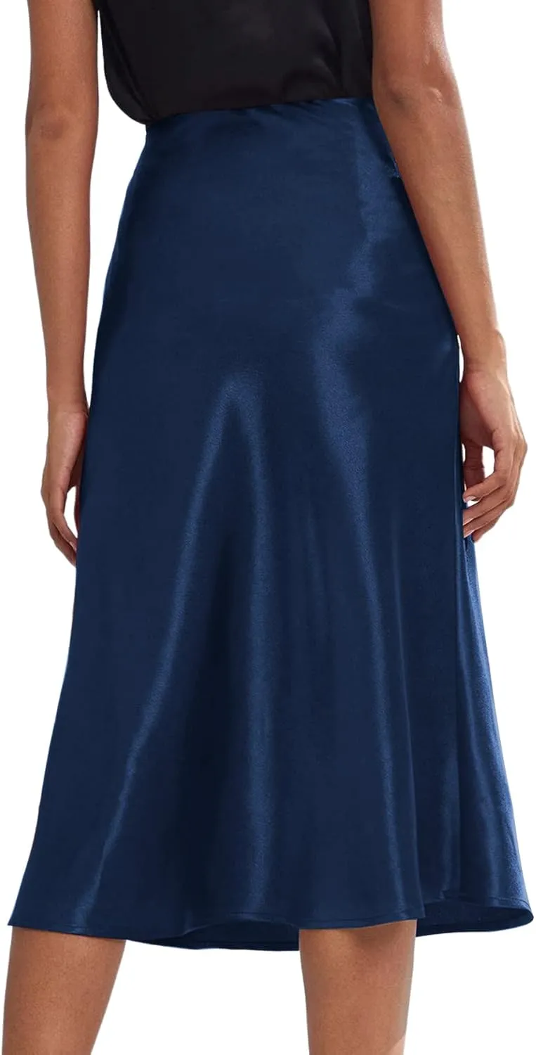 Rooscier Women's Silky Satin High Waist A Line Flared Zipper Elegant Midi Skirt