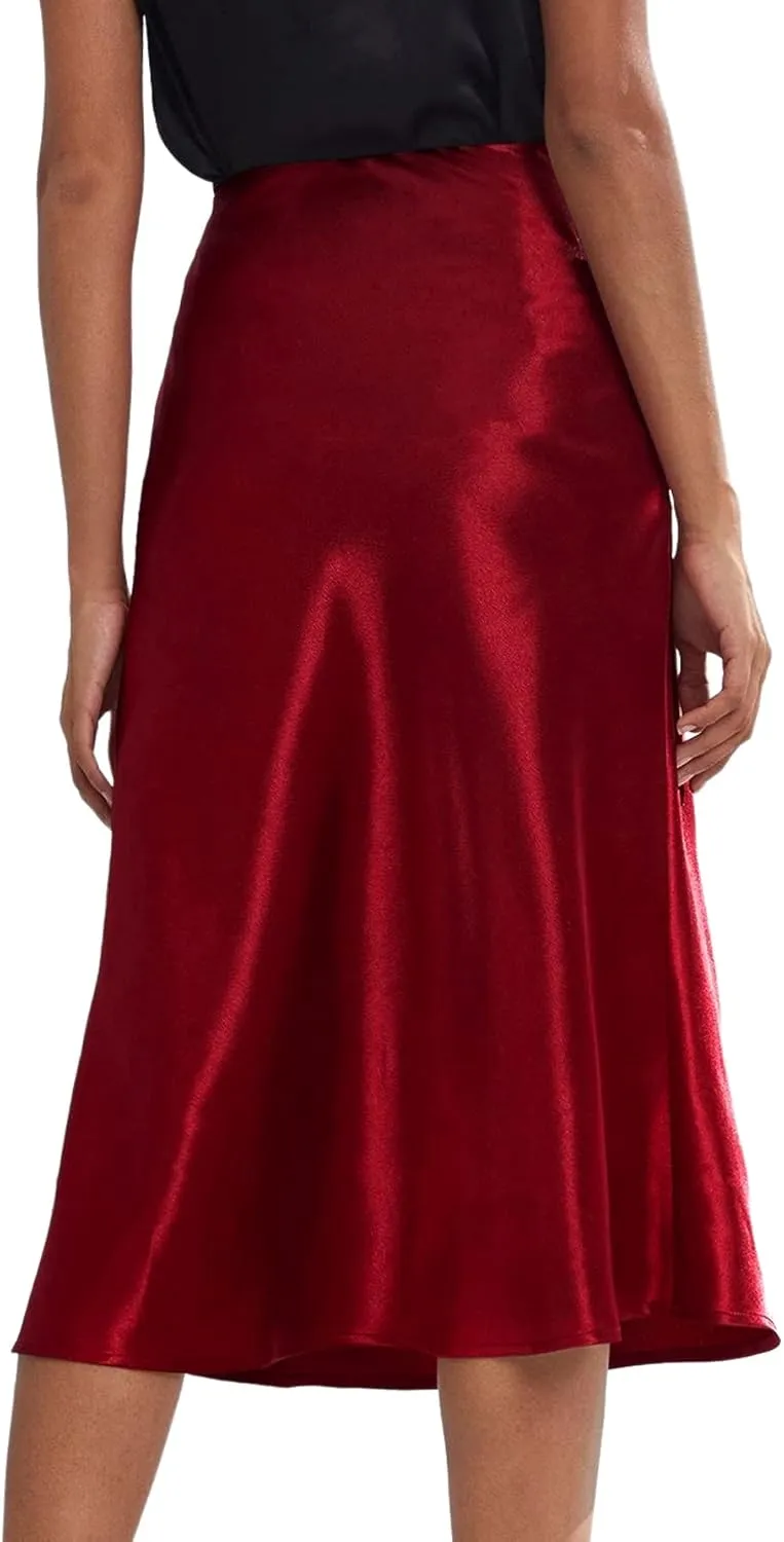 Rooscier Women's Silky Satin High Waist A Line Flared Zipper Elegant Midi Skirt