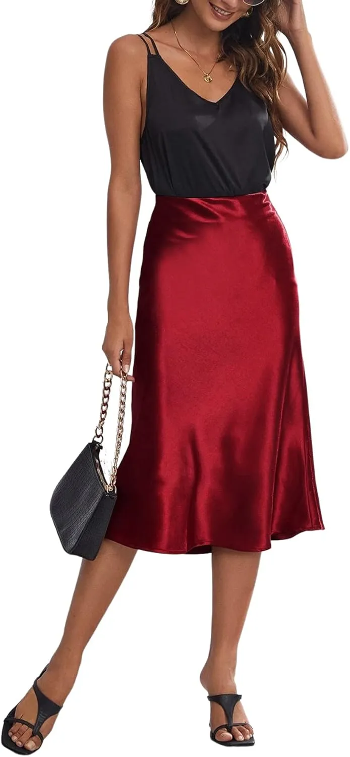 Rooscier Women's Silky Satin High Waist A Line Flared Zipper Elegant Midi Skirt