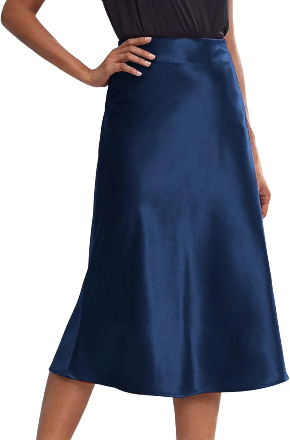 Rooscier Women's Silky Satin High Waist A Line Flared Zipper Elegant Midi Skirt