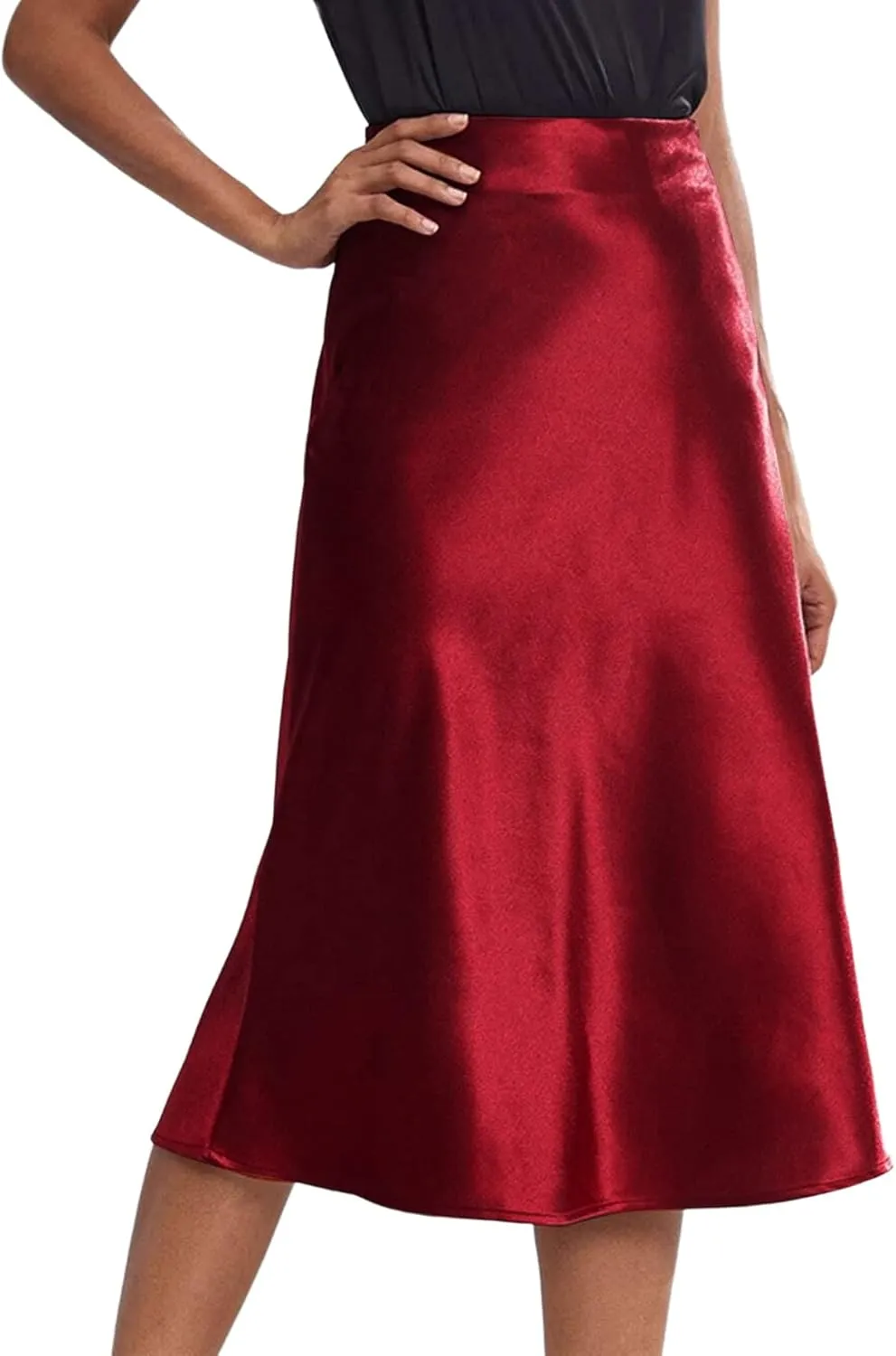 Rooscier Women's Silky Satin High Waist A Line Flared Zipper Elegant Midi Skirt
