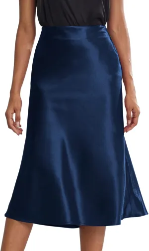 Rooscier Women's Silky Satin High Waist A Line Flared Zipper Elegant Midi Skirt