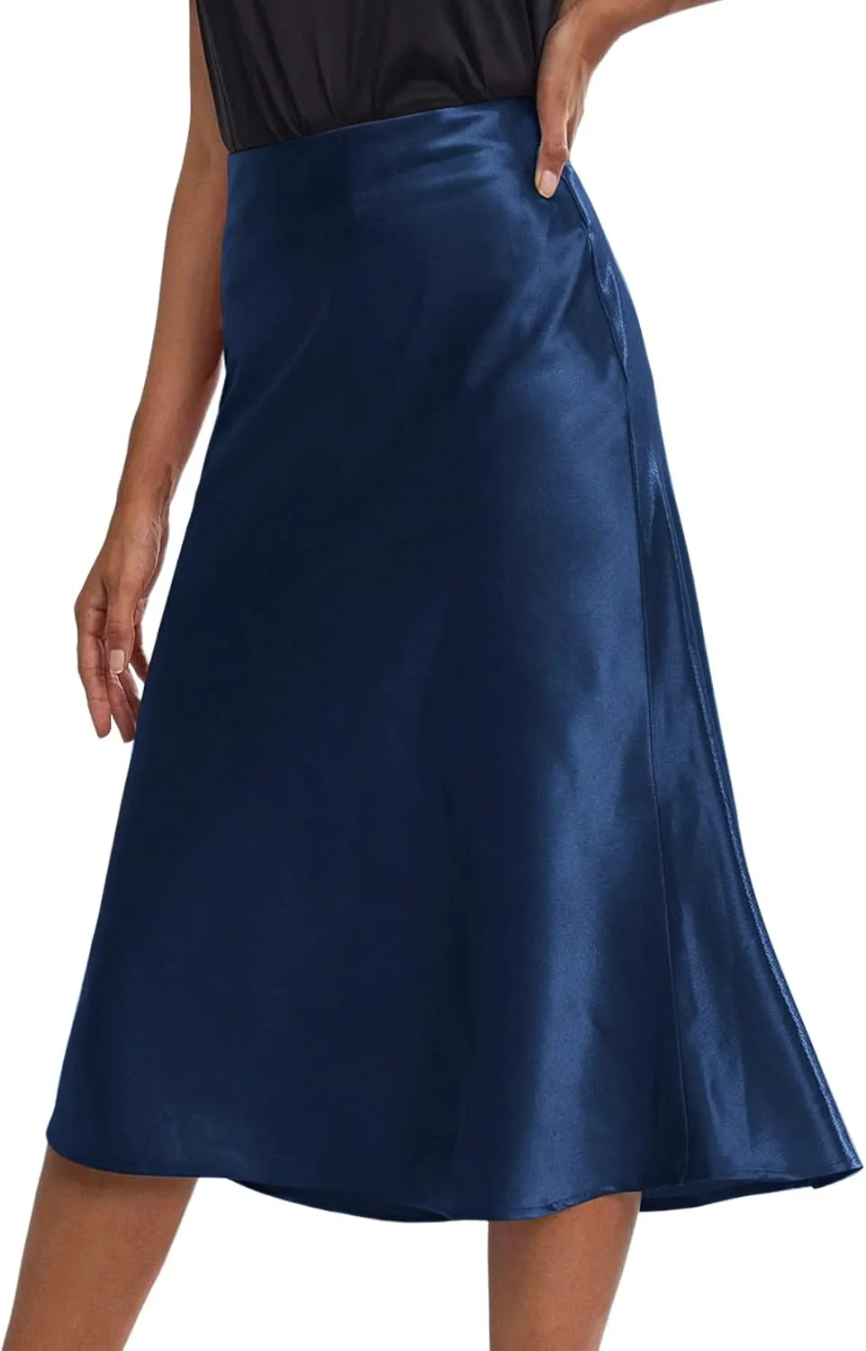 Rooscier Women's Silky Satin High Waist A Line Flared Zipper Elegant Midi Skirt