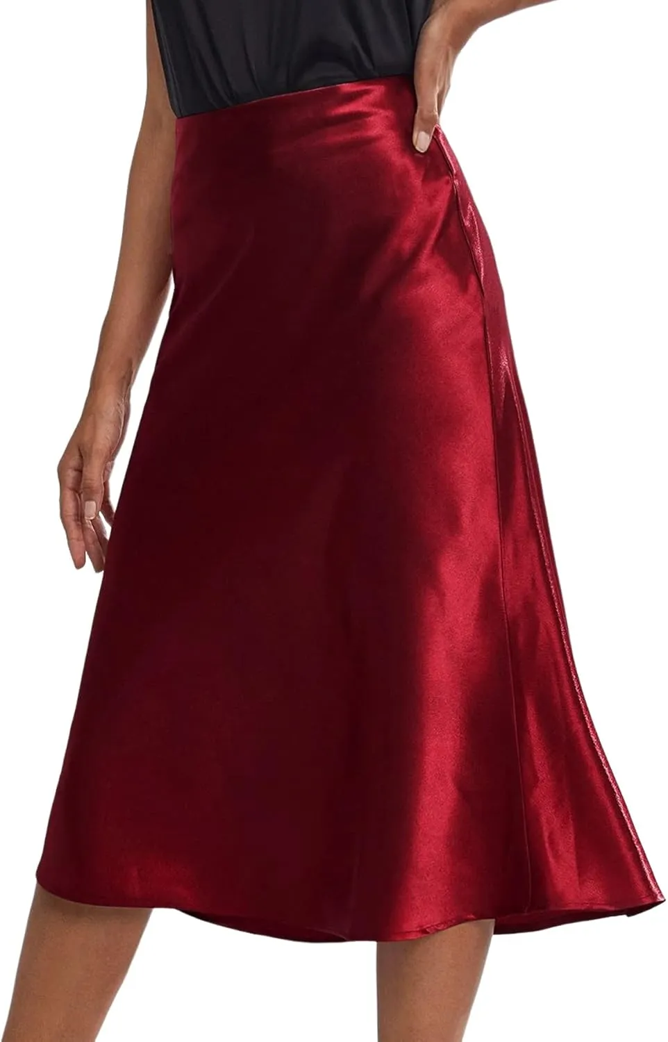 Rooscier Women's Silky Satin High Waist A Line Flared Zipper Elegant Midi Skirt