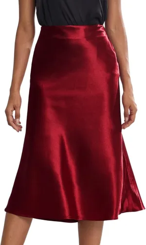 Rooscier Women's Silky Satin High Waist A Line Flared Zipper Elegant Midi Skirt