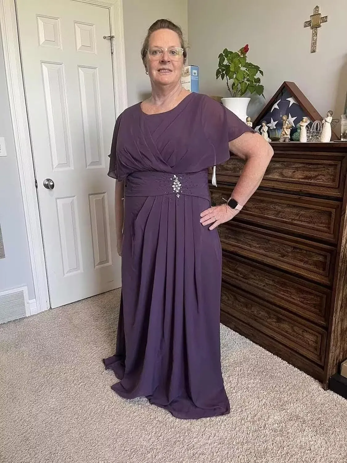 Ruffle Sleeves Mother of The Bride Dresses Chiffon Mother of The Groom Dresses Long Ruched Formal Dress IMC075