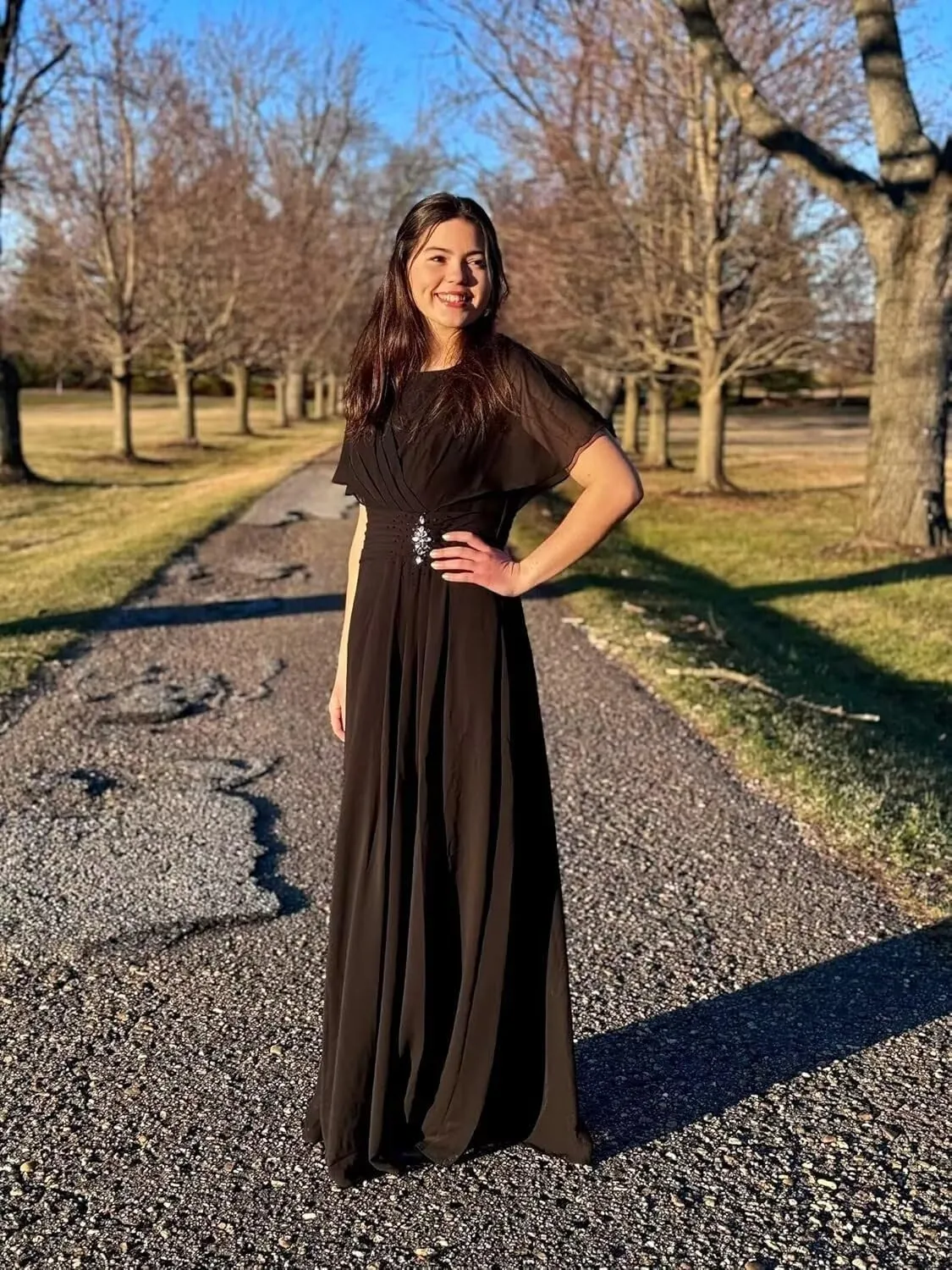 Ruffle Sleeves Mother of The Bride Dresses Chiffon Mother of The Groom Dresses Long Ruched Formal Dress IMC075