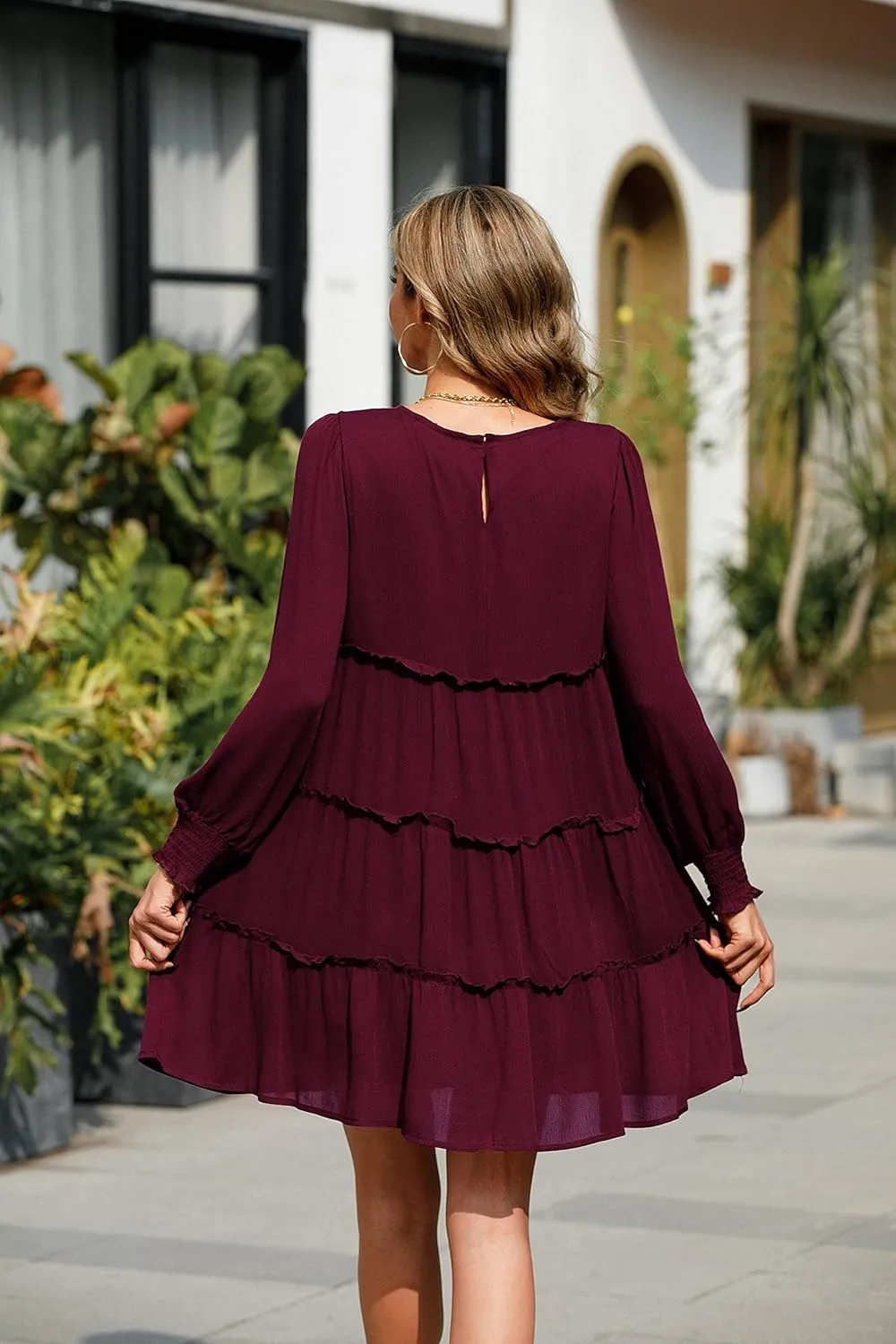 R.Vivimos Women's Fall Cotton Long Sleeves Ruffled Casual Loose Swing Flowy Tunic Mini Dress
