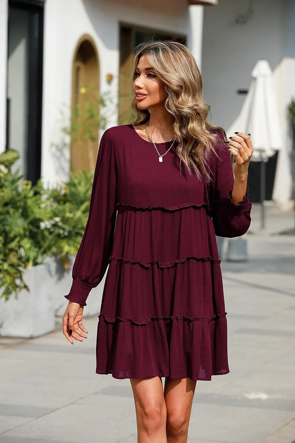 R.Vivimos Women's Fall Cotton Long Sleeves Ruffled Casual Loose Swing Flowy Tunic Mini Dress