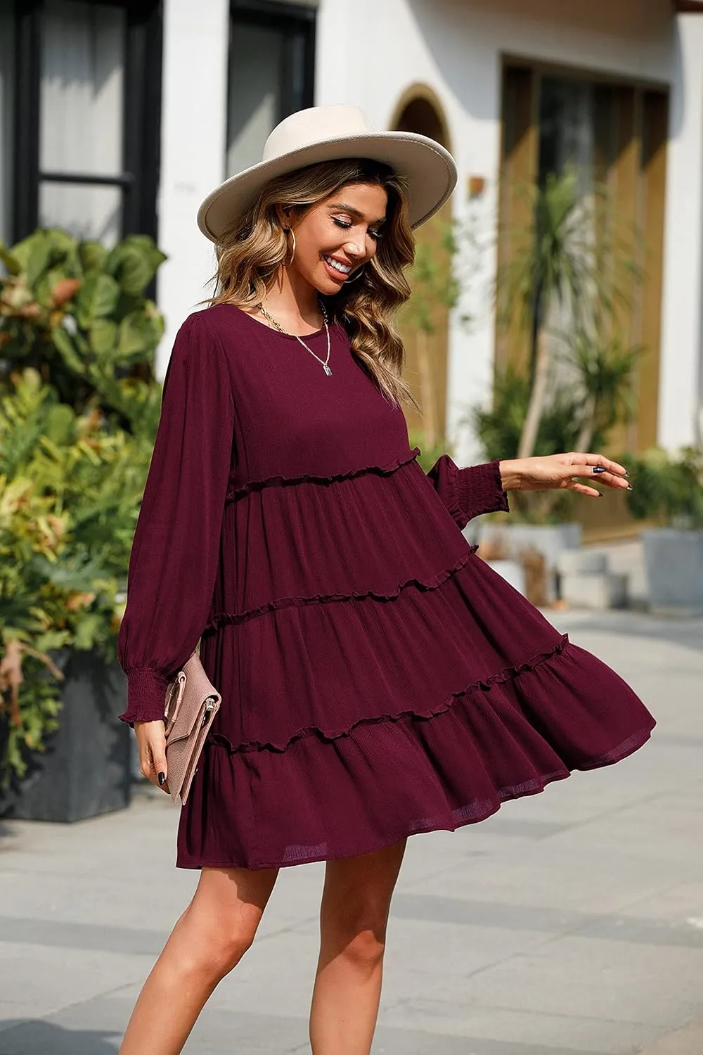 R.Vivimos Women's Fall Cotton Long Sleeves Ruffled Casual Loose Swing Flowy Tunic Mini Dress