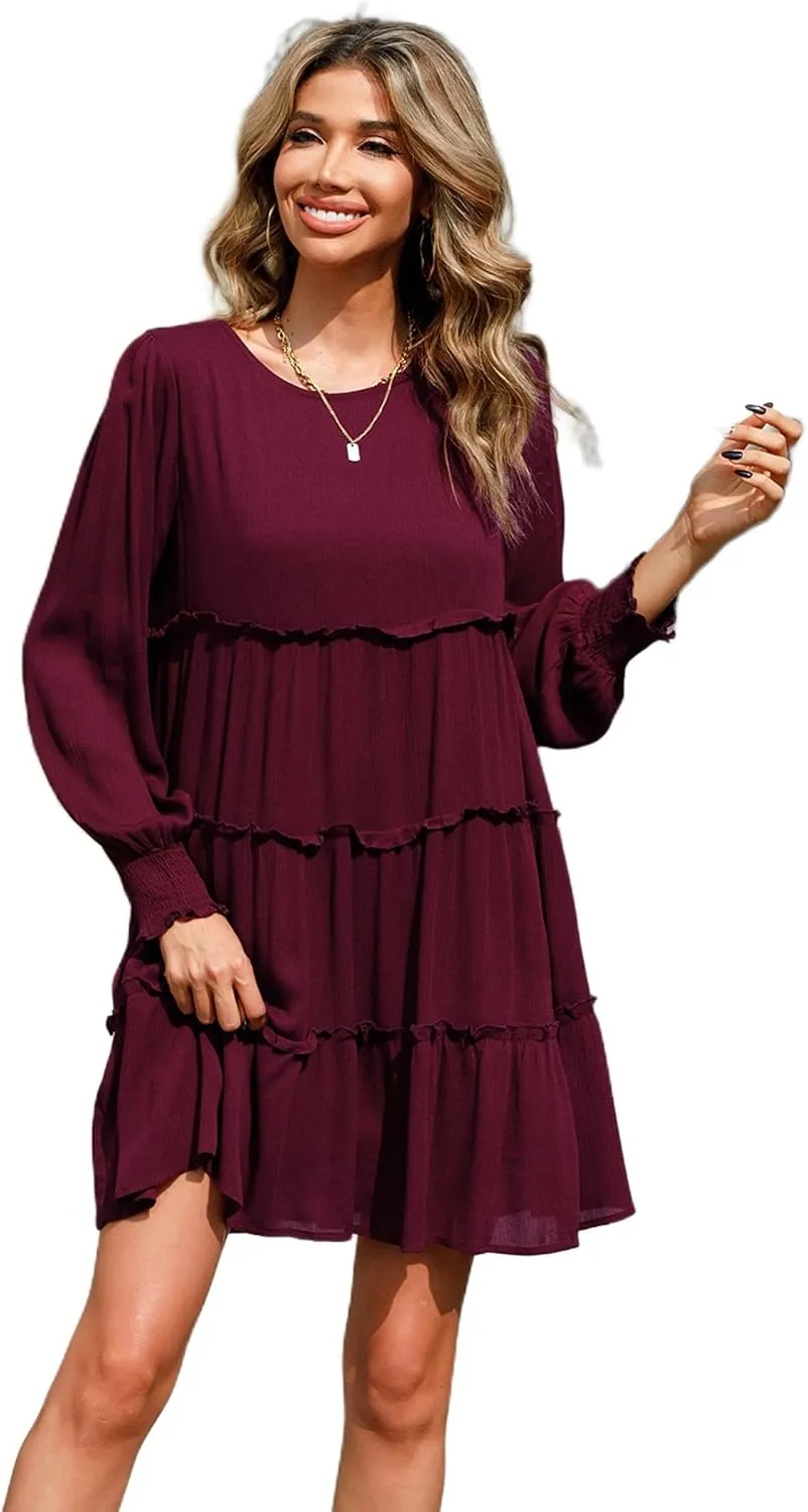 R.Vivimos Women's Fall Cotton Long Sleeves Ruffled Casual Loose Swing Flowy Tunic Mini Dress