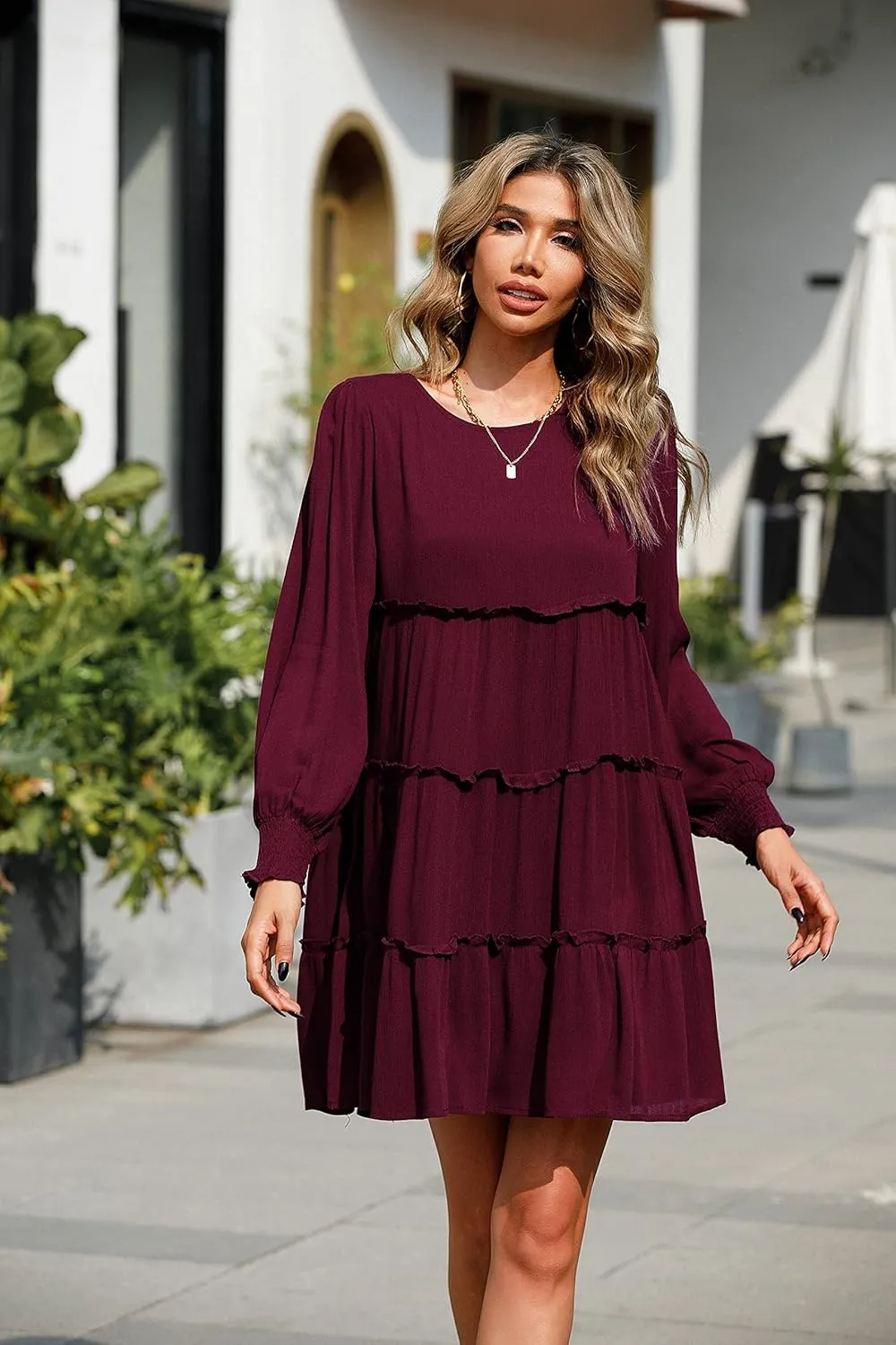 R.Vivimos Women's Fall Cotton Long Sleeves Ruffled Casual Loose Swing Flowy Tunic Mini Dress