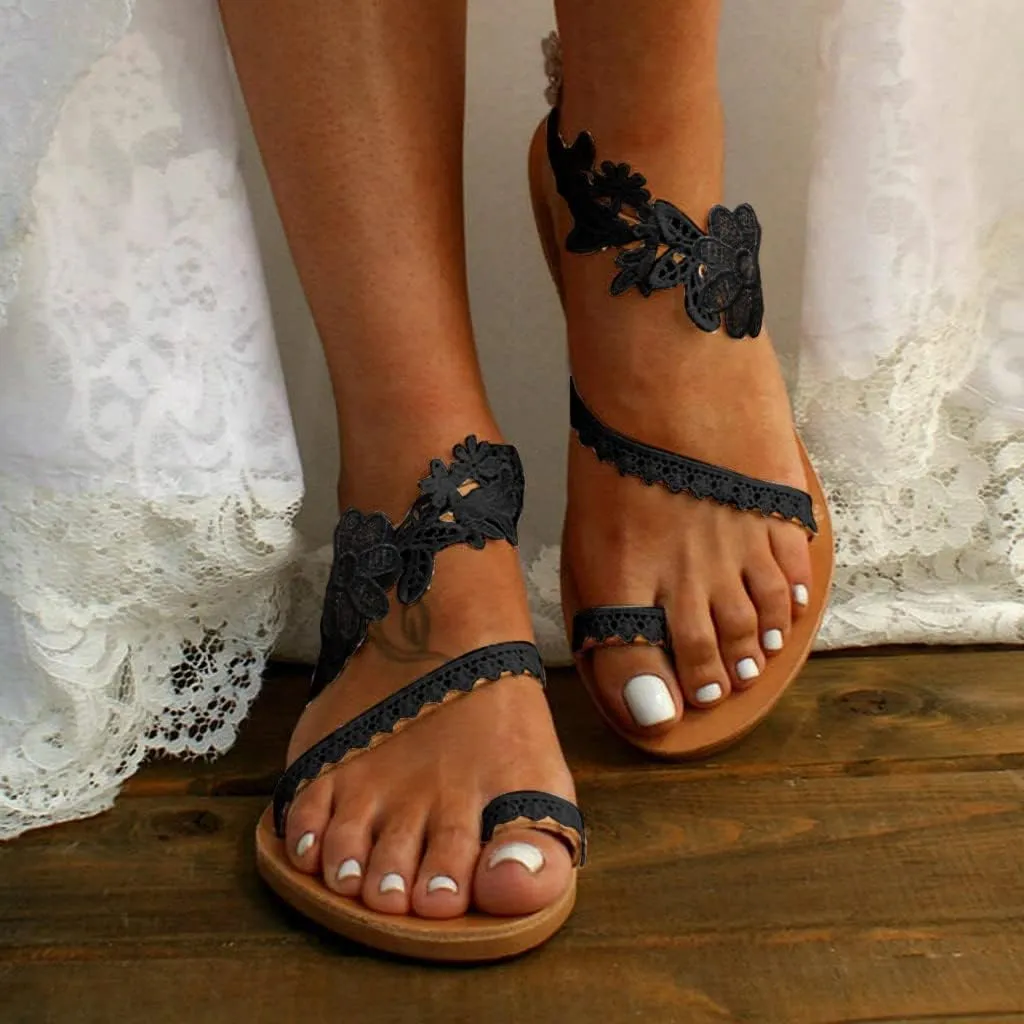 Sandals Women Lace Straps Elegant Open Toe Womens Sandals Dressy Summer Walking Beach Womens Flat Dress Shoes White