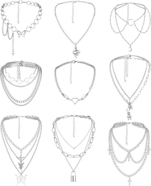 Sanfenly Punk Layered Necklaces for Women Egirls Men Eboys Cross Heart Lock Butterfly Snake Moon Rabbit Pendant Necklaces Gothic Choker Necklaces Silver Chunky Chain Statement Necklaces Y2K Emo Necklace Set