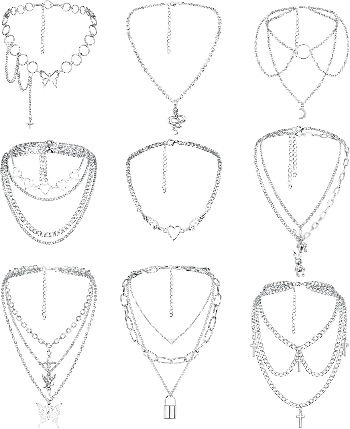 Sanfenly Punk Layered Necklaces for Women Egirls Men Eboys Cross Heart Lock Butterfly Snake Moon Rabbit Pendant Necklaces Gothic Choker Necklaces Silver Chunky Chain Statement Necklaces Y2K Emo Necklace Set