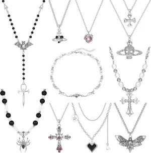Sanfenly Vintage Gothic Necklace Set for Women Punk Grunge Cross Heart Bat Spider Angel Wing Saturn Skull Pendant Layered Choker Statement Necklaces