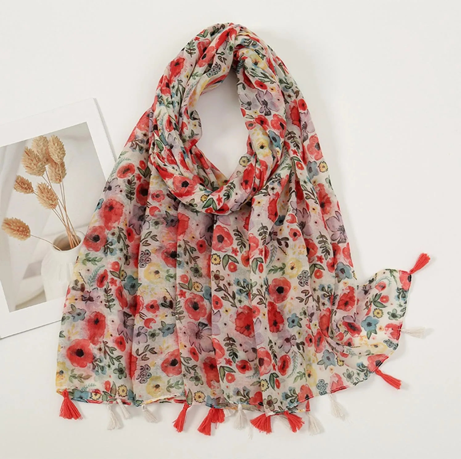 Scarf for Womens Large Boho Lightweight Floral Printed Scarves Fashion Fringed Shawl wraps