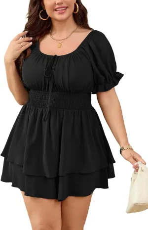 SCOMCHIC Women Plus Size Romper Dress Summer Short Jumpsuit Square Neck Puff Sleeve High Waist Ruffle Boho Jumpsuits