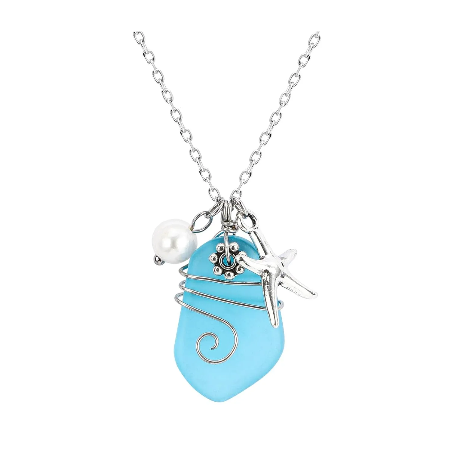 Sea glass necklace Beach Necklaces with Starfish Pendant Wire Wrapped Blue Sea Glass Jewelry Handmade Necklaces hawaiian ocean beach jewelry Necklaces for Women Girls