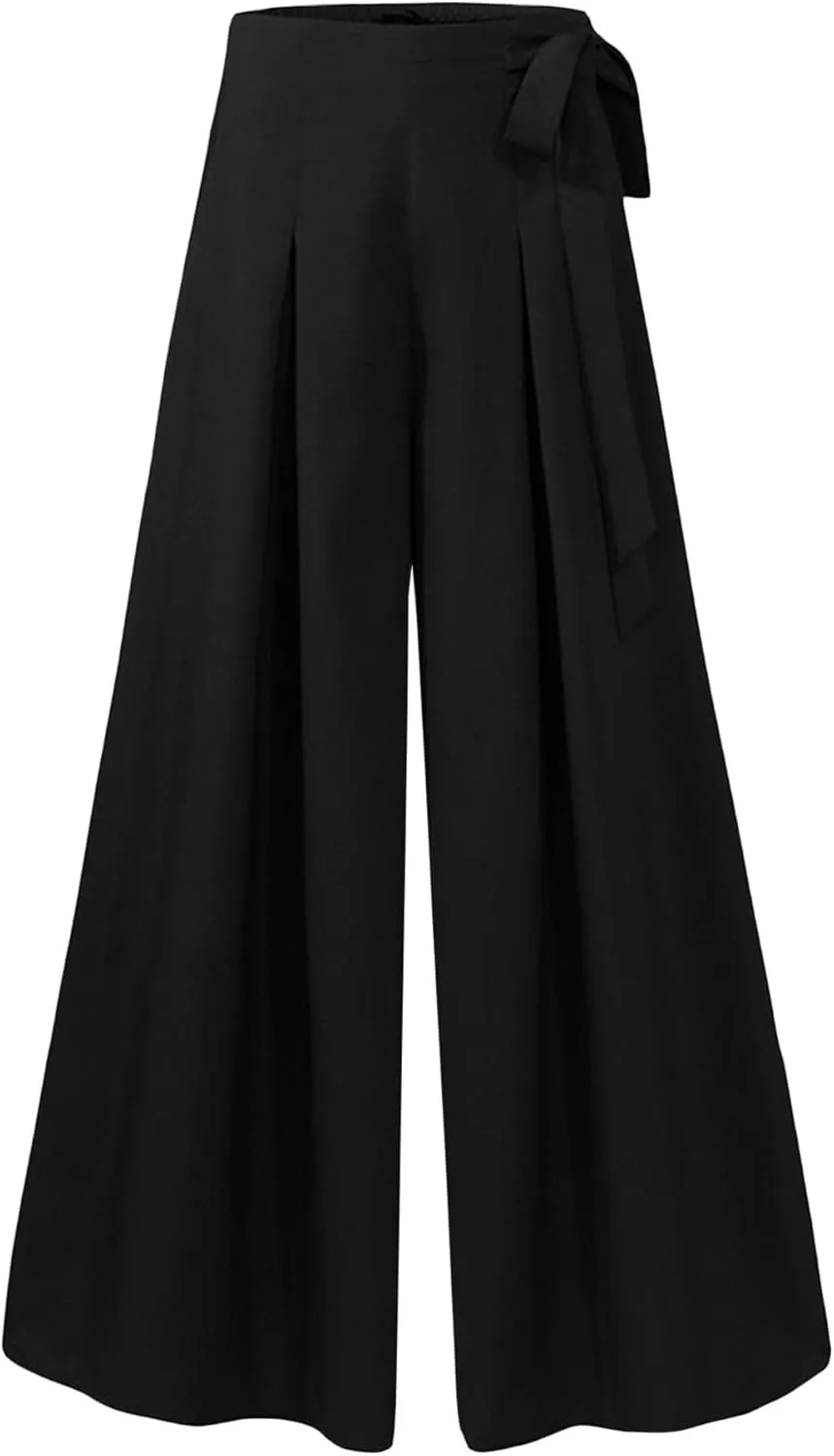 SEMATOMALA Women's Side Knot Tie Waist Wide Leg Long Pants Pleated High Waist Full Length Elegant Work Wear Palazzo Pants