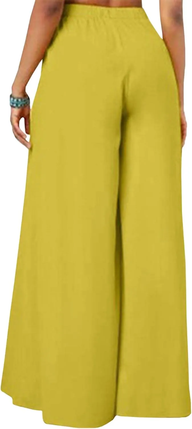 SEMATOMALA Women's Side Knot Tie Waist Wide Leg Long Pants Pleated High Waist Full Length Elegant Work Wear Palazzo Pants