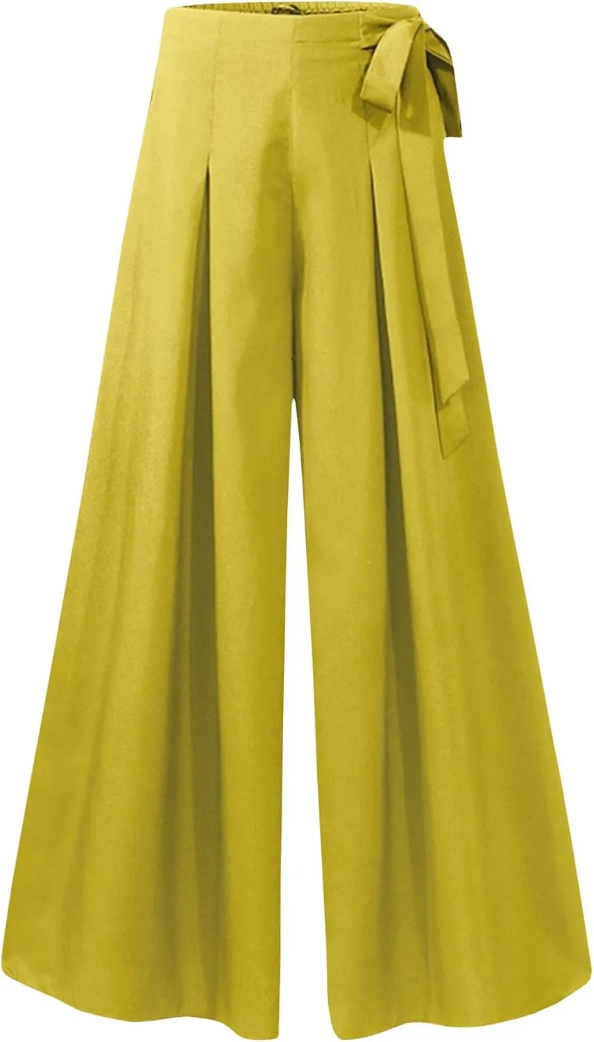 SEMATOMALA Women's Side Knot Tie Waist Wide Leg Long Pants Pleated High Waist Full Length Elegant Work Wear Palazzo Pants