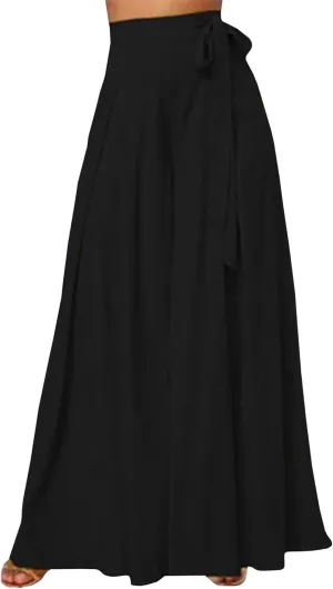 SEMATOMALA Women's Side Knot Tie Waist Wide Leg Long Pants Pleated High Waist Full Length Elegant Work Wear Palazzo Pants