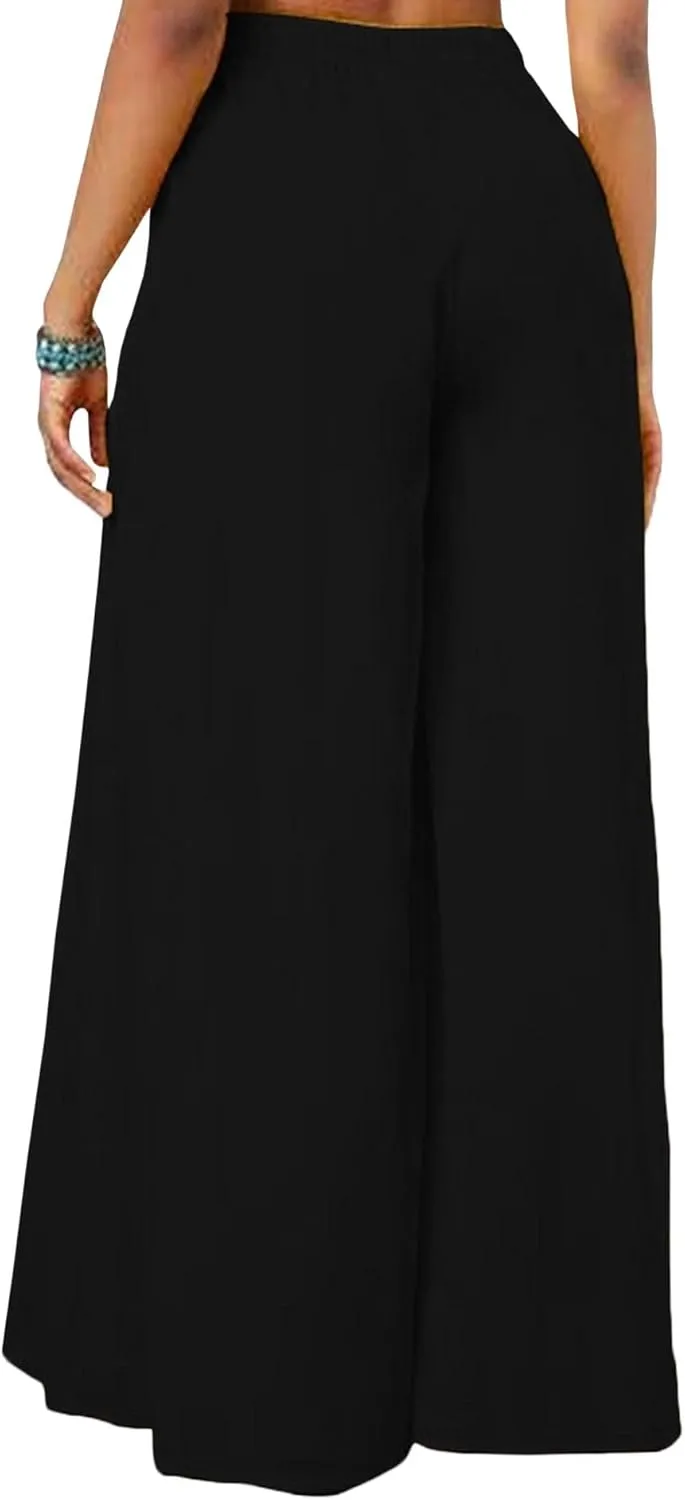 SEMATOMALA Women's Side Knot Tie Waist Wide Leg Long Pants Pleated High Waist Full Length Elegant Work Wear Palazzo Pants