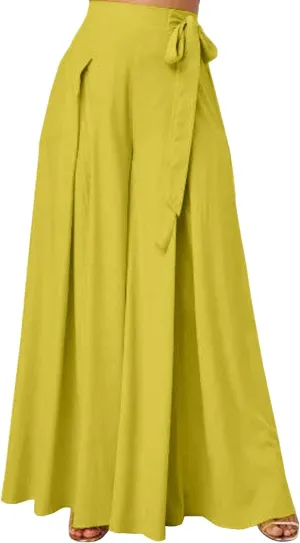 SEMATOMALA Women's Side Knot Tie Waist Wide Leg Long Pants Pleated High Waist Full Length Elegant Work Wear Palazzo Pants