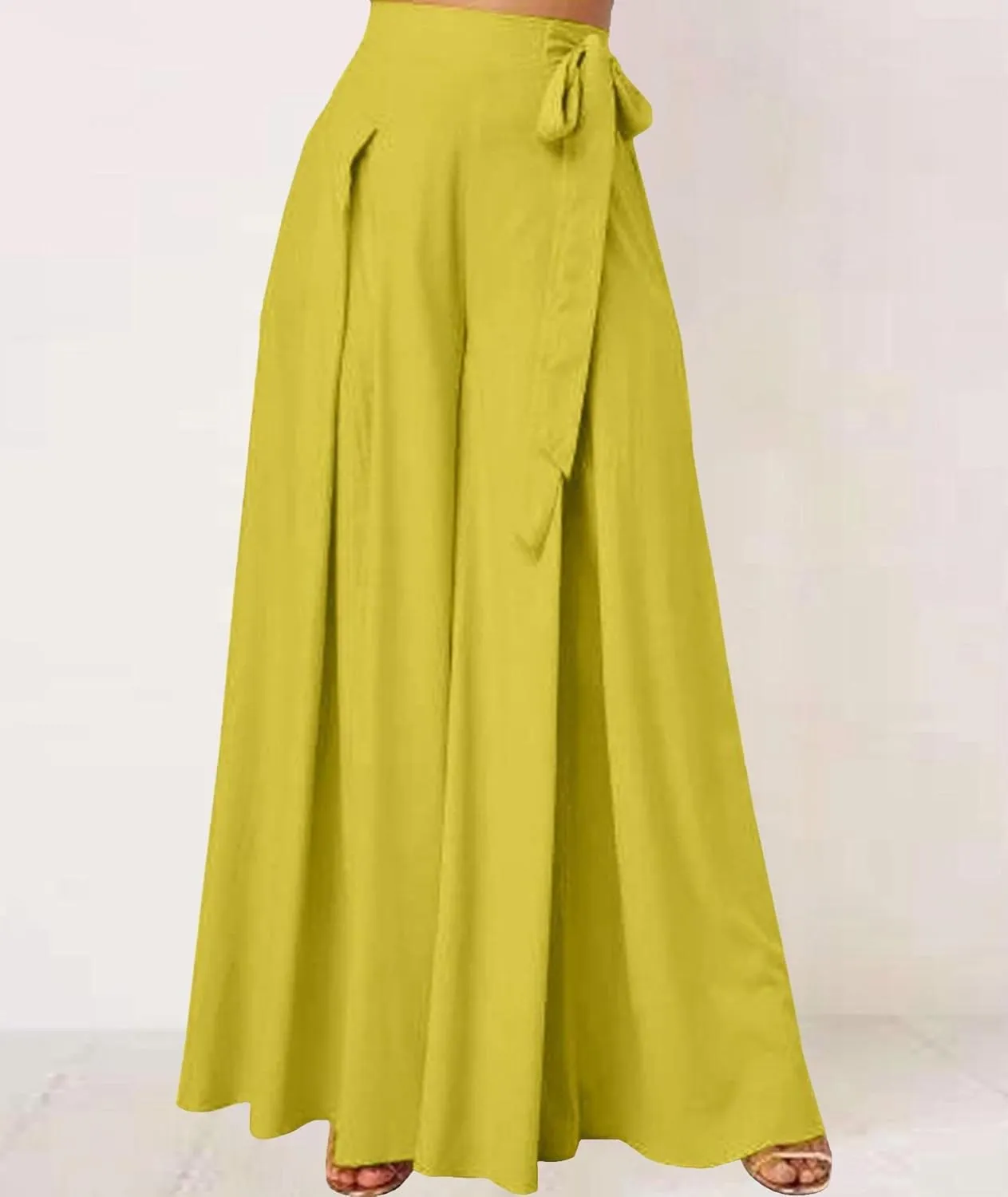 SEMATOMALA Women's Side Knot Tie Waist Wide Leg Long Pants Pleated High Waist Full Length Elegant Work Wear Palazzo Pants