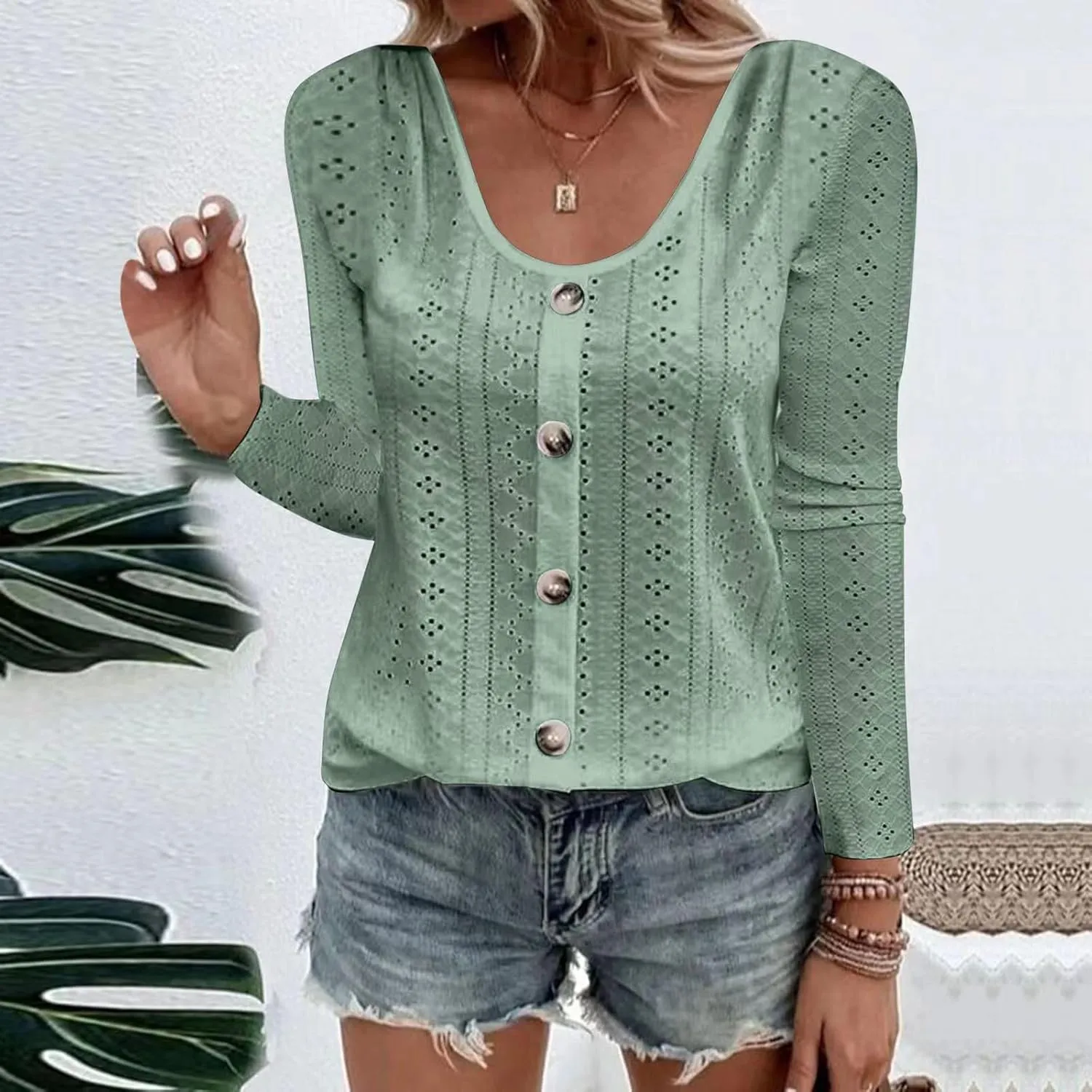 Sexy Elegant Long Sleeve Tops For Women Dressy Casual Button Down Eyelet Tunic Shirts Fall Fashion Work Blouse