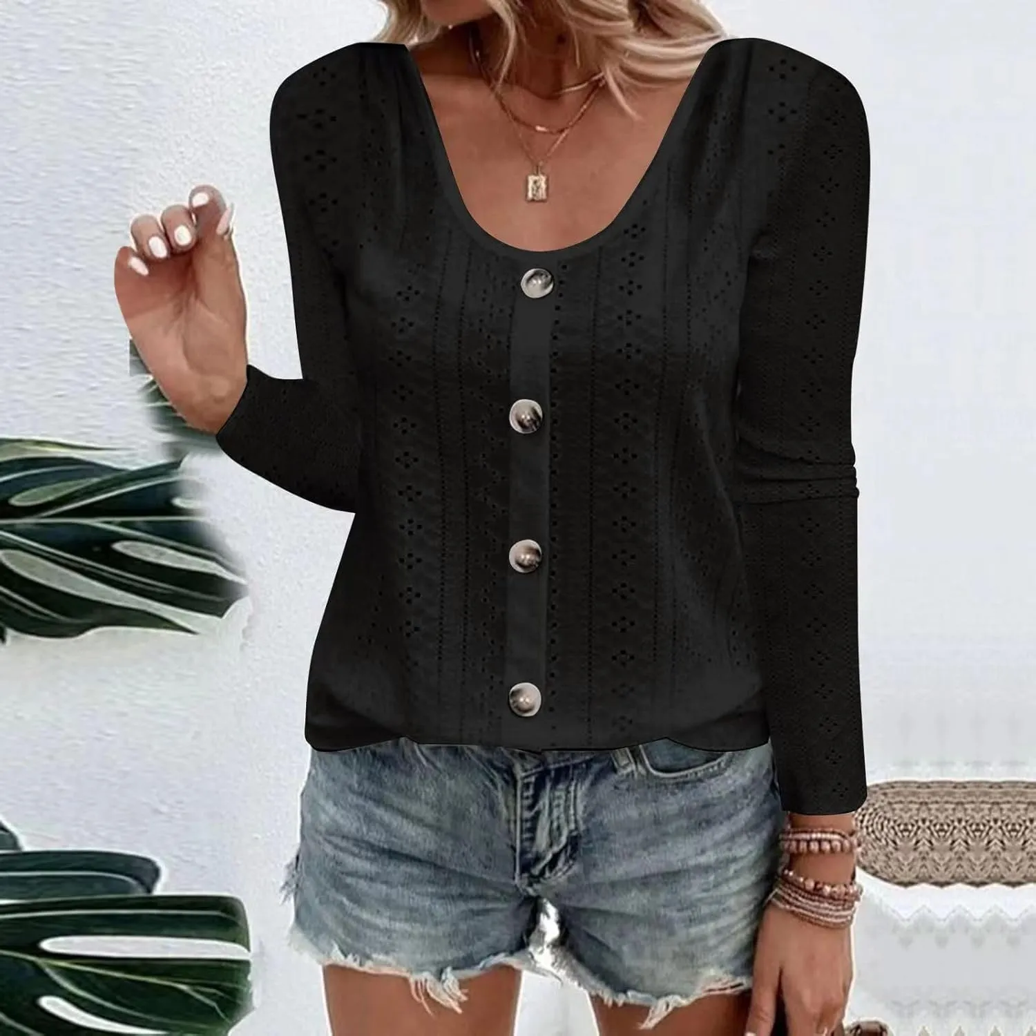 Sexy Elegant Long Sleeve Tops For Women Dressy Casual Button Down Eyelet Tunic Shirts Fall Fashion Work Blouse