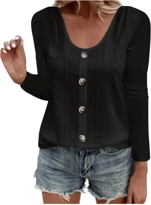 Sexy Elegant Long Sleeve Tops For Women Dressy Casual Button Down Eyelet Tunic Shirts Fall Fashion Work Blouse
