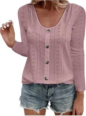 Sexy Elegant Long Sleeve Tops For Women Dressy Casual Button Down Eyelet Tunic Shirts Fall Fashion Work Blouse