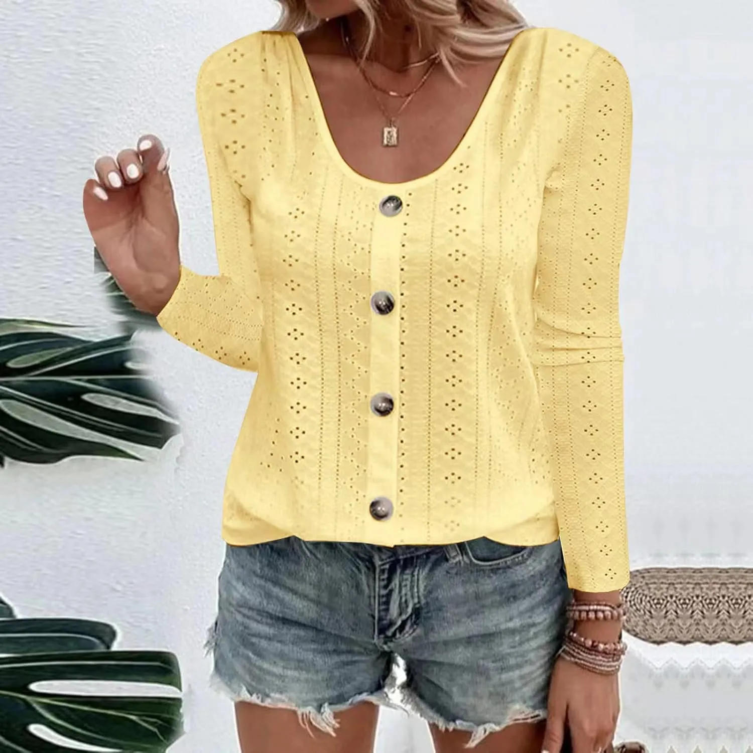 Sexy Elegant Long Sleeve Tops For Women Dressy Casual Button Down Eyelet Tunic Shirts Fall Fashion Work Blouse
