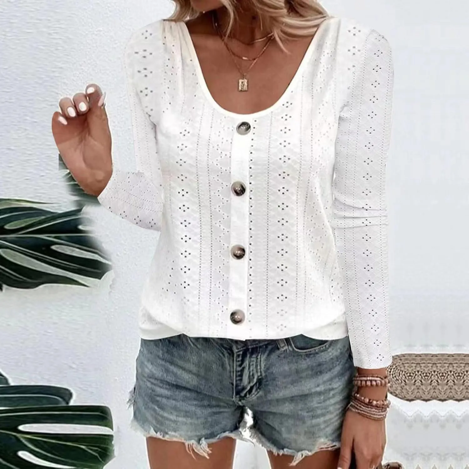 Sexy Elegant Long Sleeve Tops For Women Dressy Casual Button Down Eyelet Tunic Shirts Fall Fashion Work Blouse